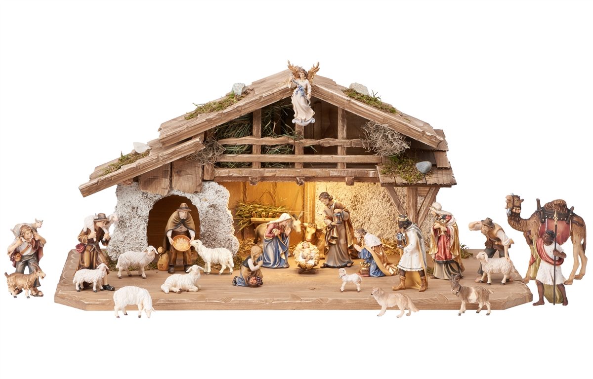 25 Piece Wood Carved Nativity with lighting (Alpine Stable) - Kostner by Pema
