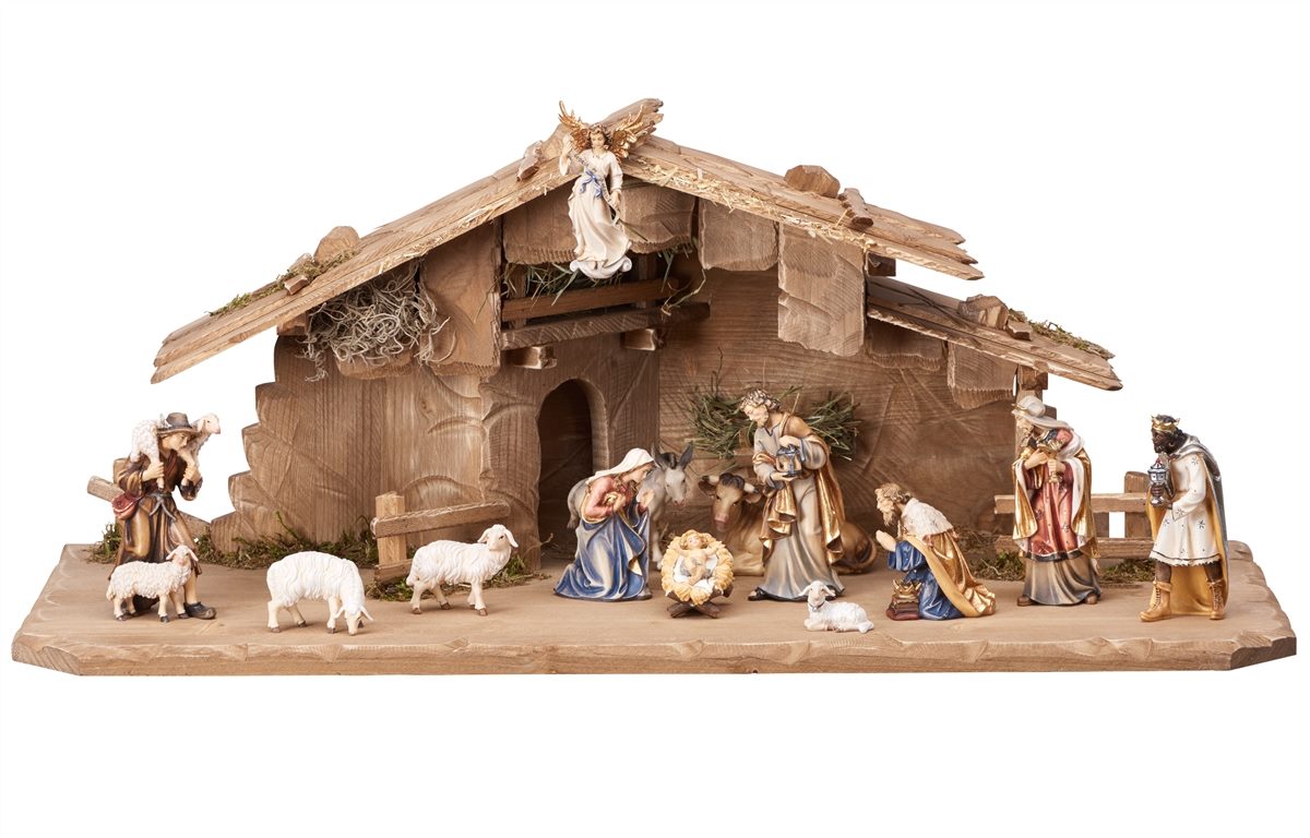 15 Piece Wood Carved Nativity with Holy Night Stable - Kostner by Pema