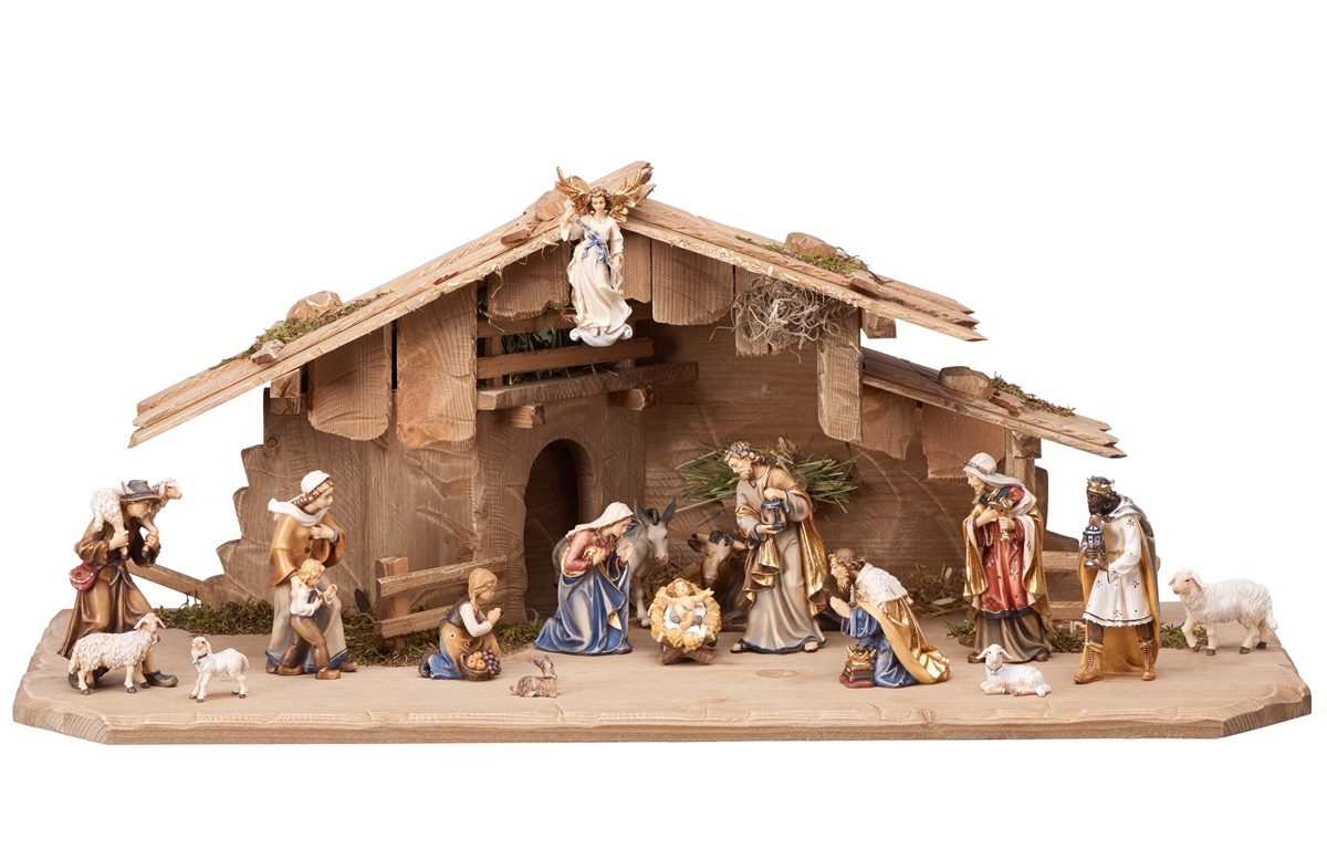 18 Piece Wood Carved Nativity with Holy Night Stable - Kostner by Pema