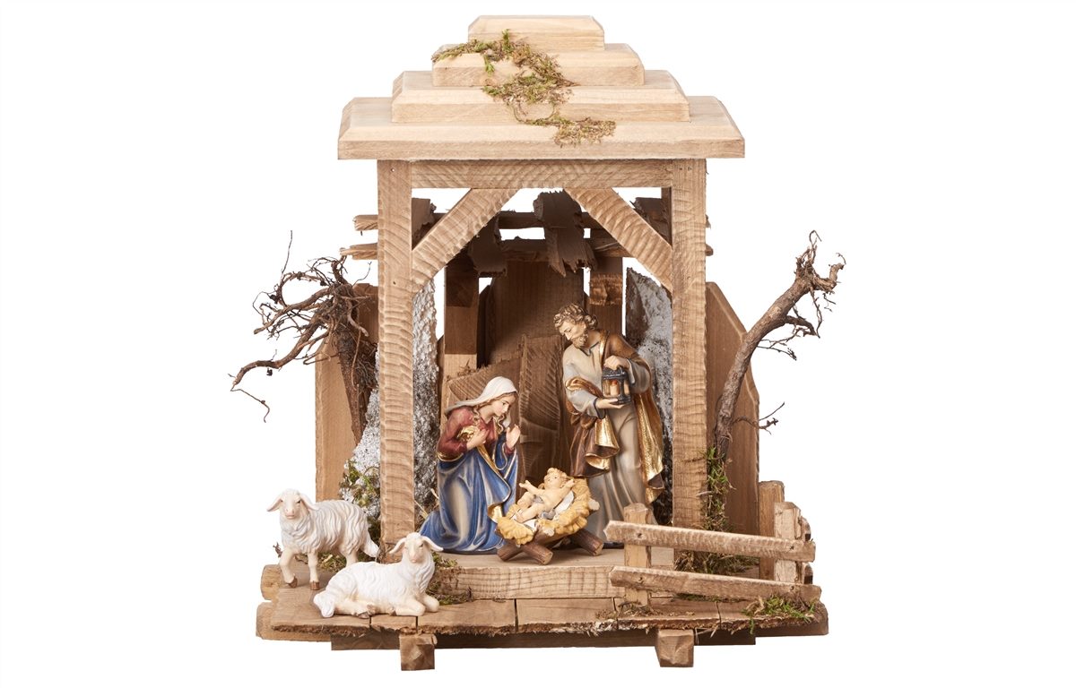 7 Piece Wood Carved Nativity with Lantern Stable - Kostner by Pema