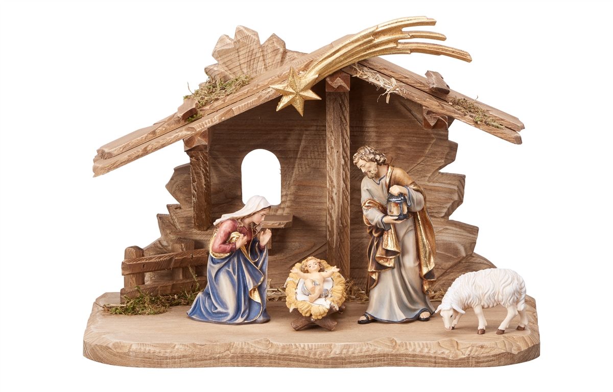 7 Piece Wood Carved Nativity with Tyrol Stable - Kostner by Pema