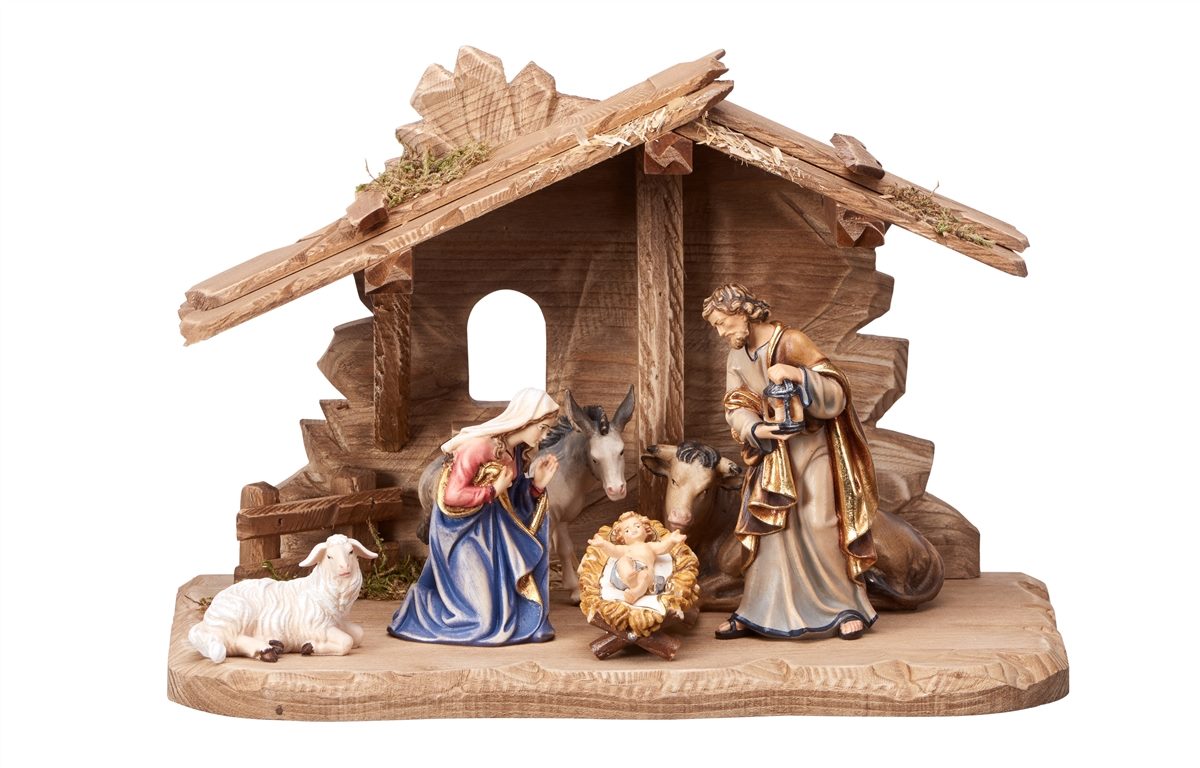 8 Piece Wood Carved Nativity with Tyrol Stable - Kostner by Pema