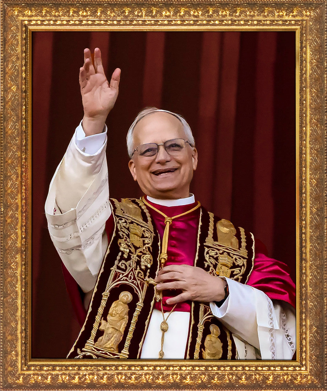 Framed Picture of Pope Leo XIV Waving in Celebration