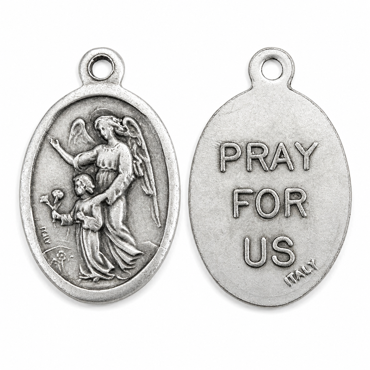 1" Oval Antiqued Silver Oxidized Guardian Angel Medal – Made in Italy