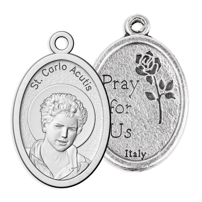 1" Oval Silver Oxidized Saint Carlo Acutis Medal – Made in Italy – 100 Pack