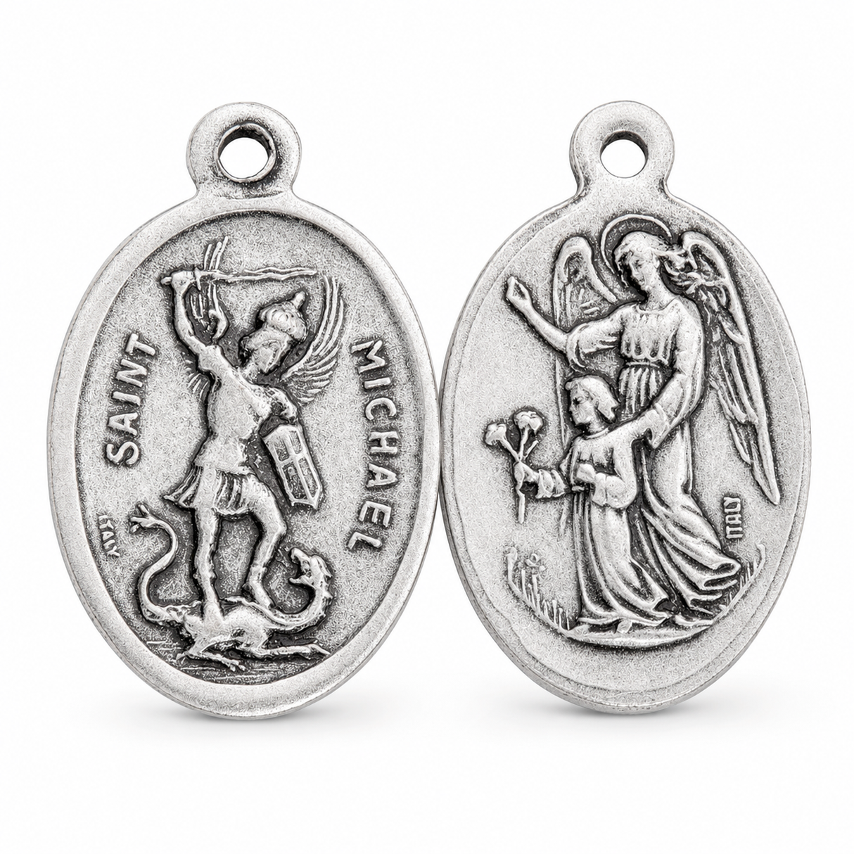 1" Oval Antiqued Silver Oxidized Saint Michael and Guardian Angel Medal – Made in Italy