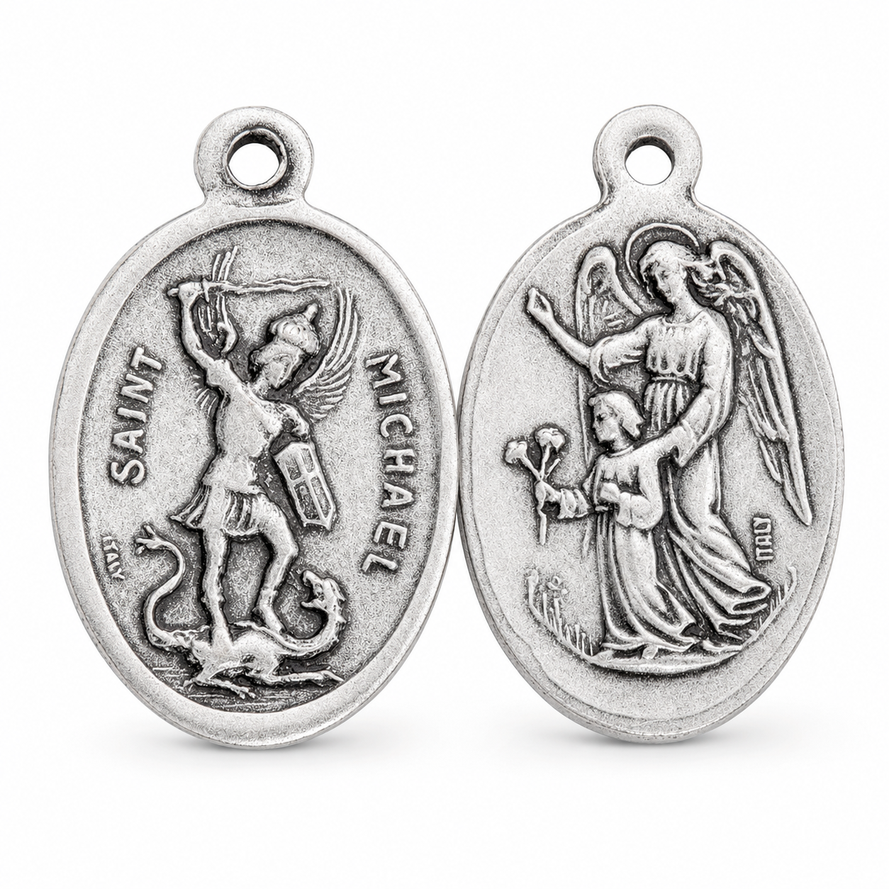 1" Oval Antiqued Silver Oxidized Saint Michael and Guardian Angel Medal – Made in Italy