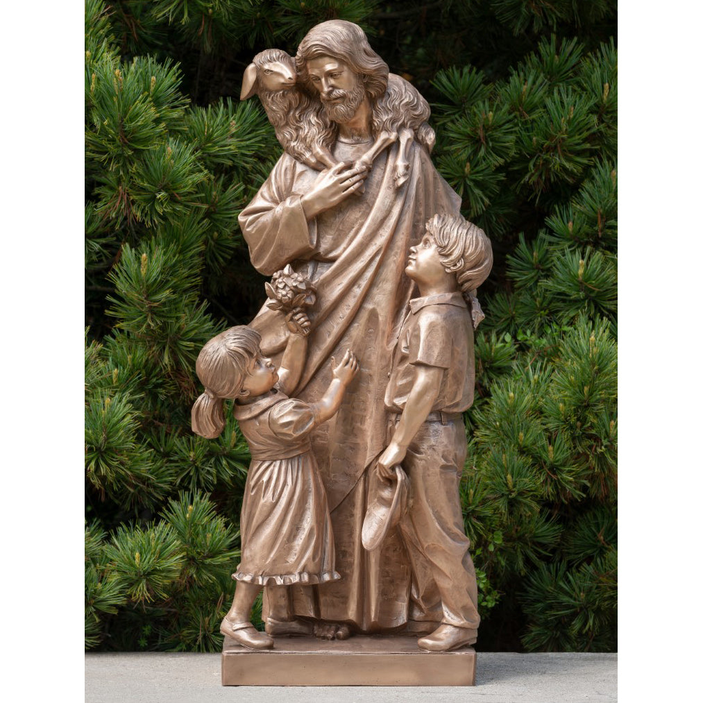 Outdoor Statue of The Good Shepherd with Children - 48"