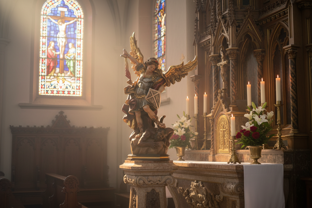 St. Michael statue in church display