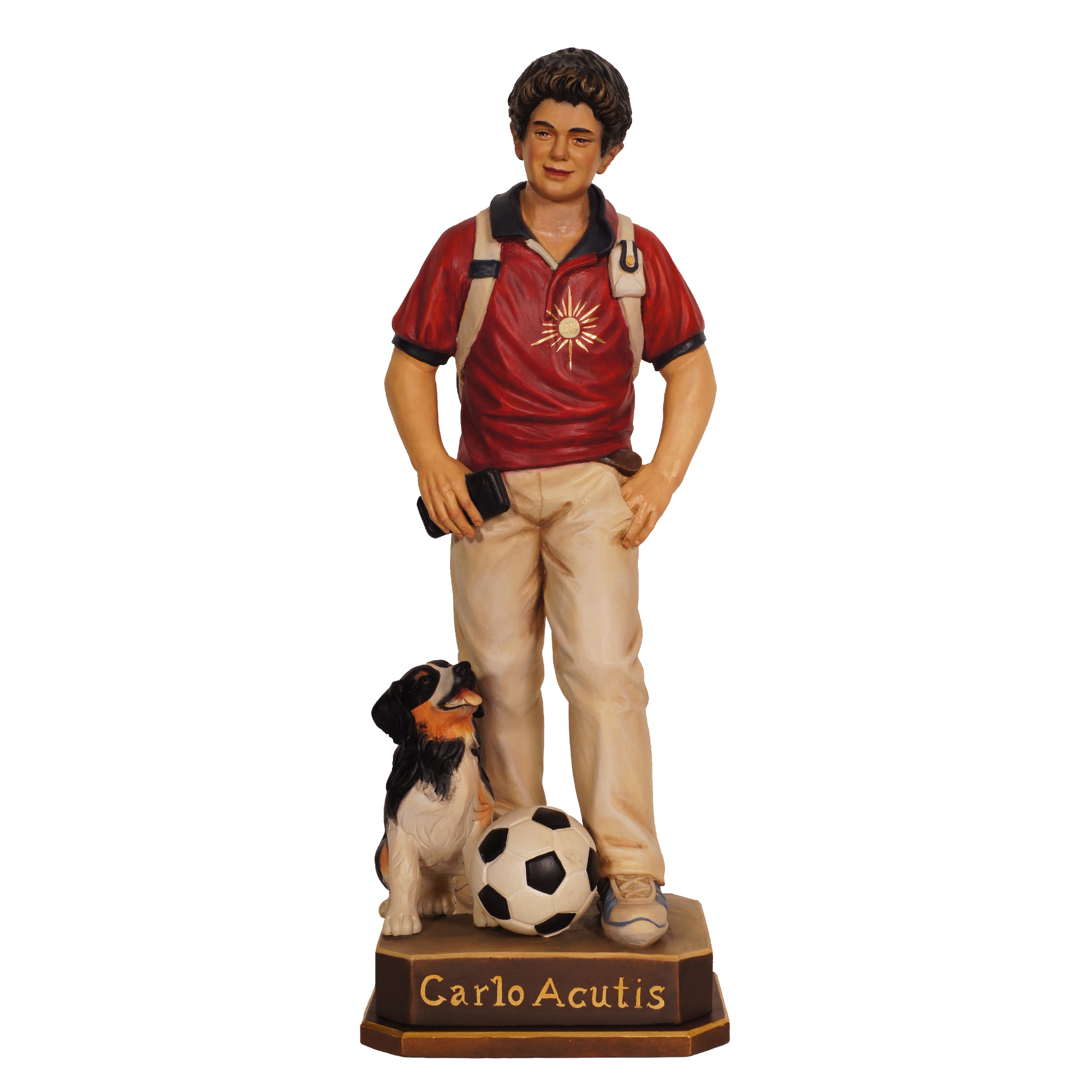 Wood Statue of Blessed Carlo Acutis with his dog 'Billy' and Soccer Ball