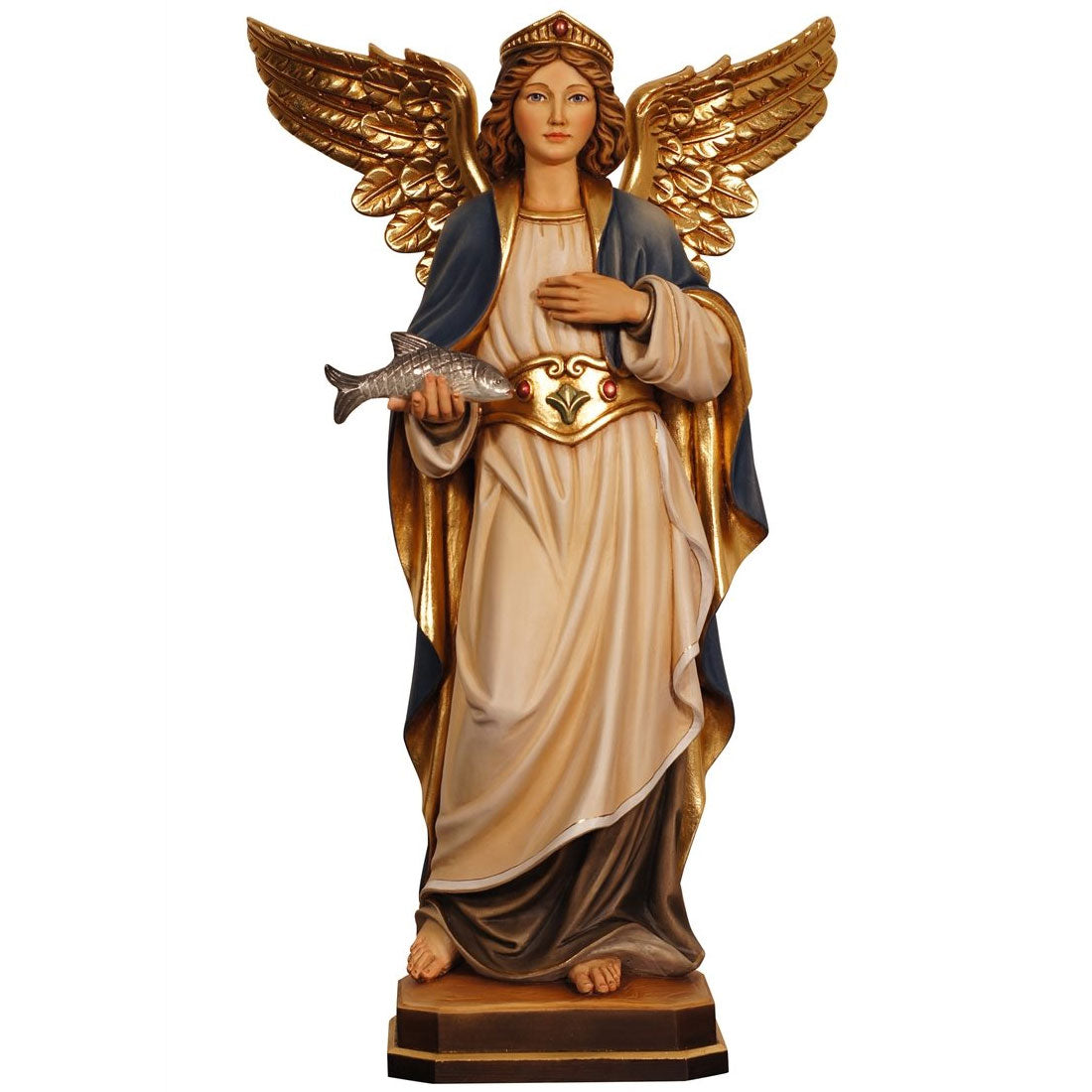Archangel Raphael with Fish Hand-Carved Wood Statue