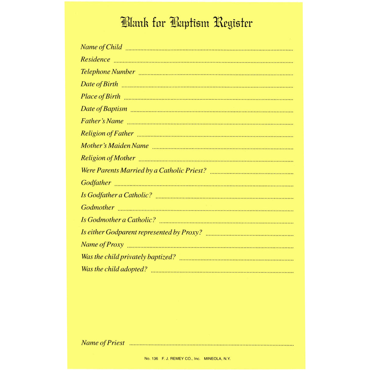 Blank for Baptism Register