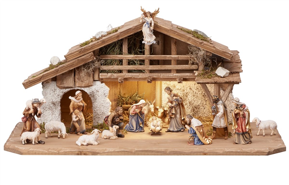 17 Piece Wood Carved Nativity with lighting (Alpine Stable) - Kostner by Pema