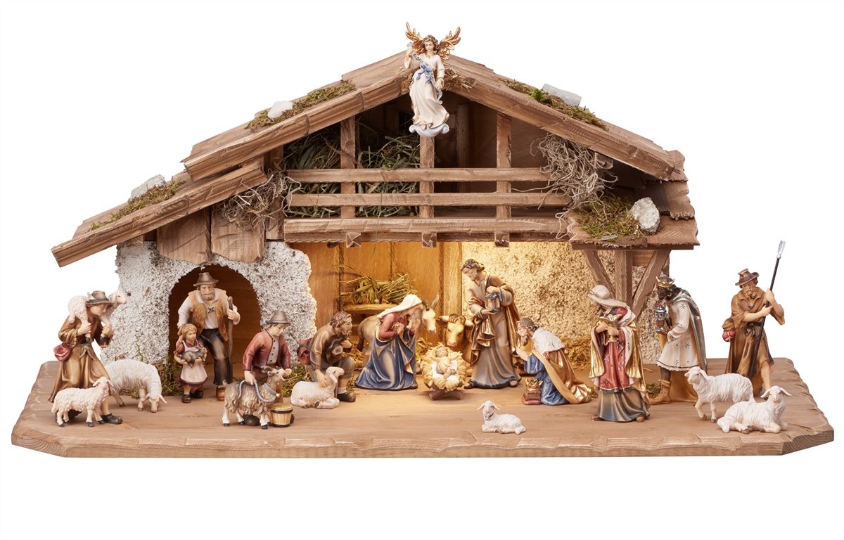 20 Piece Wood Carved Nativity with lighting (Alpine Stable) - Kostner by Pema
