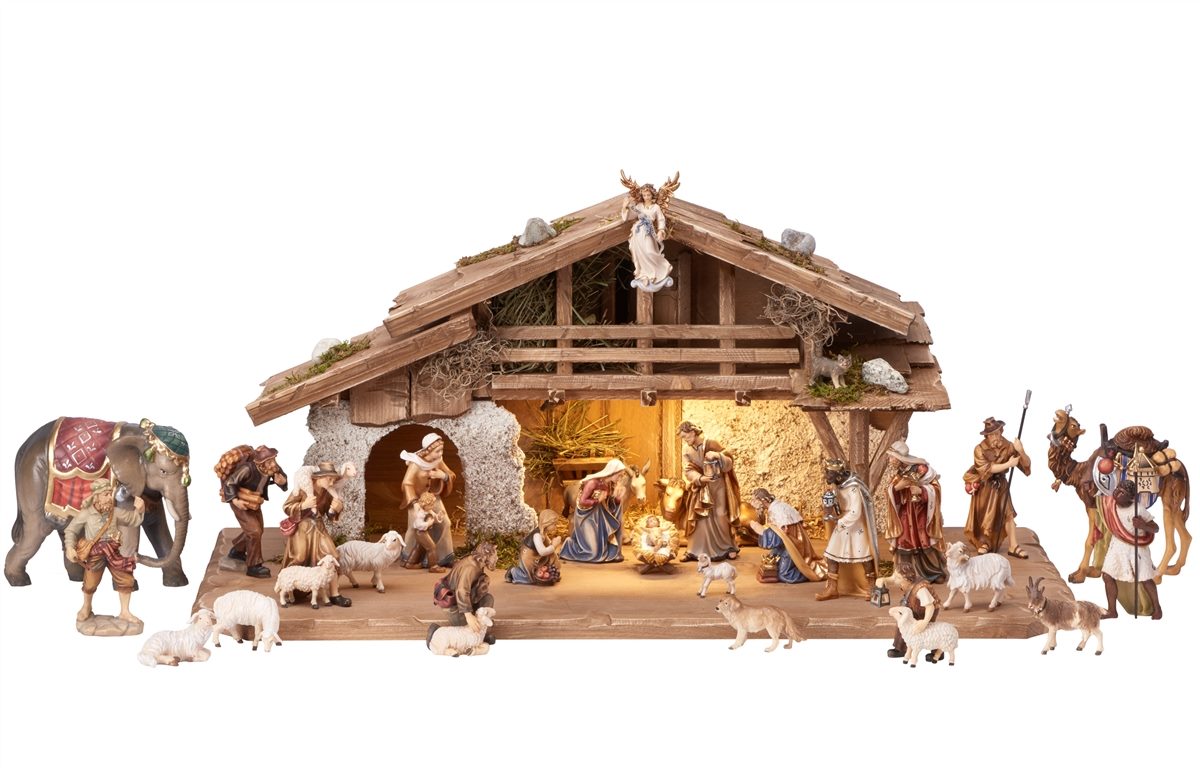 30 Piece Wood Carved Nativity with lighting (Alpine Stable) - Kostner by Pema