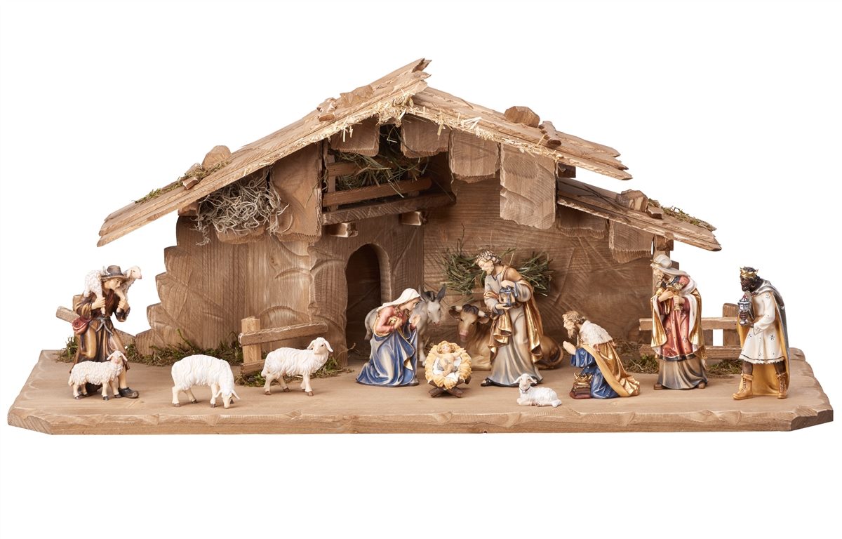 14 Piece Wood Carved Nativity with Holy Night Stable - Kostner by Pema