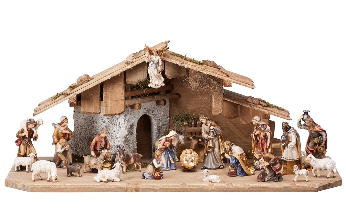 24 Piece Wood Carved Nativity with Holy Night Stable - Kostner by Pema