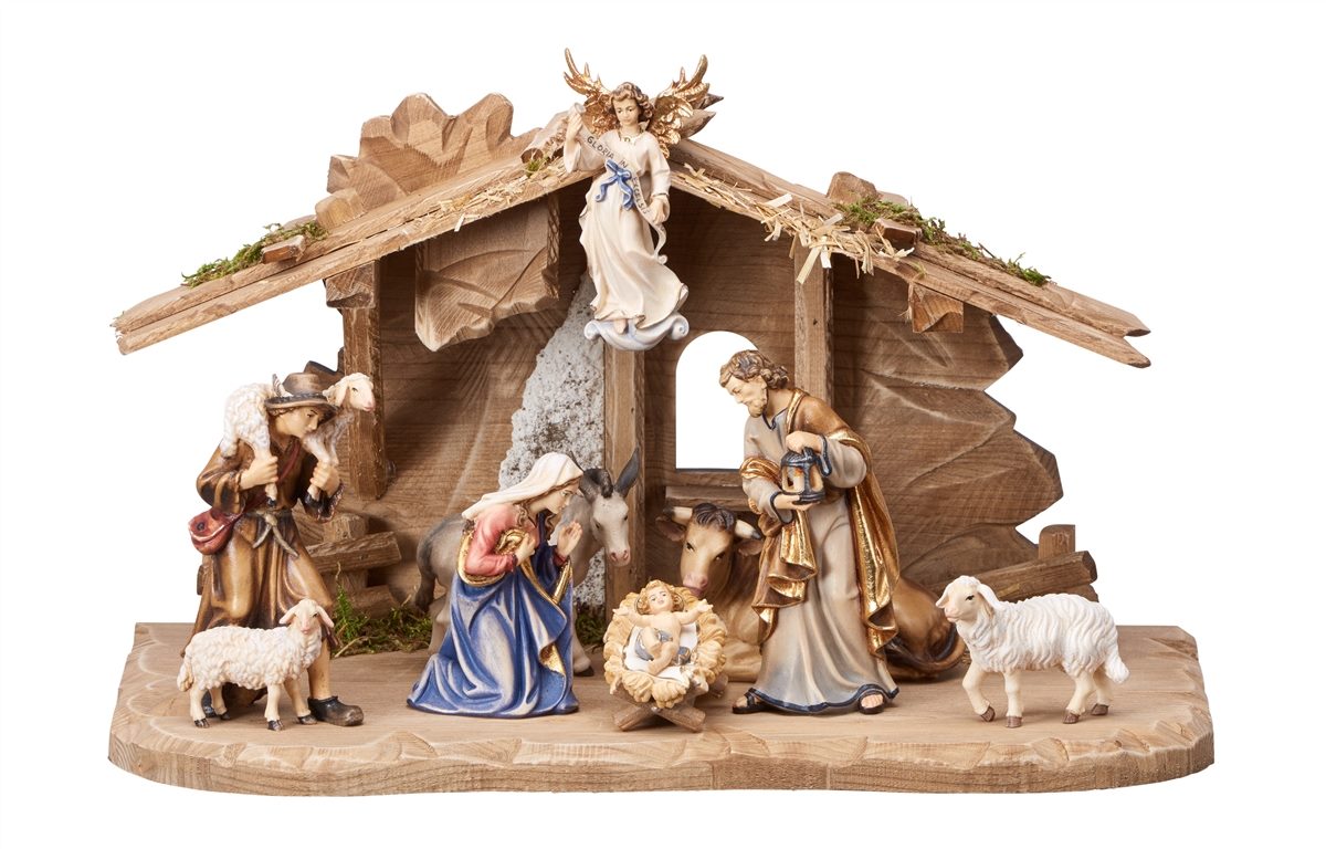 10 Piece Wood Carved Nativity with Tyrol Stable - Kostner by Pema