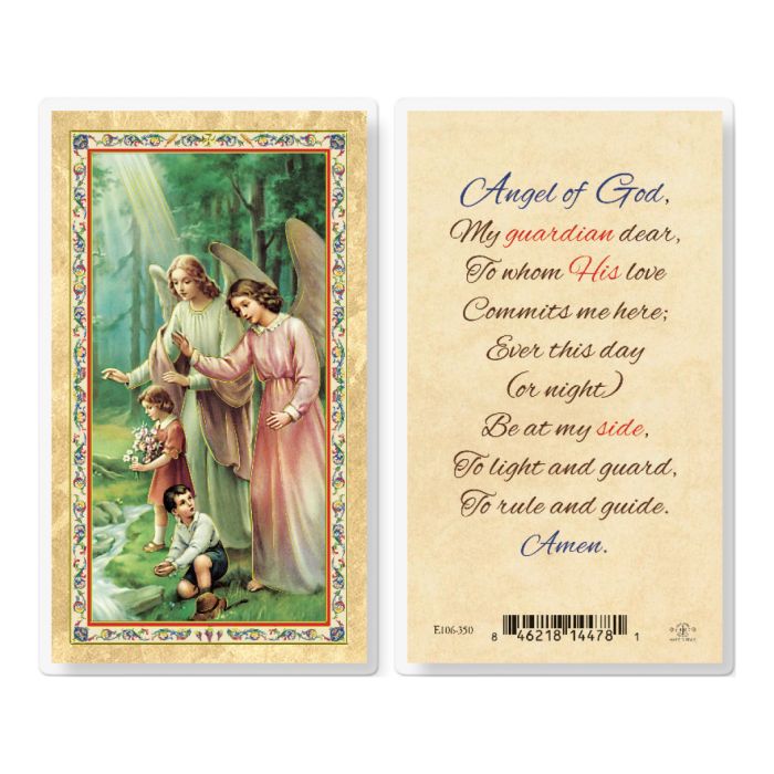 Guardian Angel with Children Gold-Stamped Laminated Holy Card – Made in Italy – Pack of 25