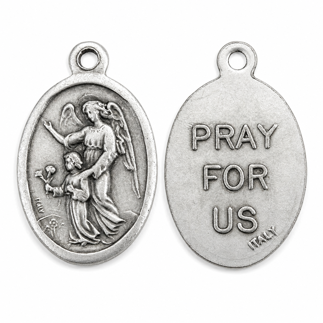 1" Oval Antiqued Silver Oxidized Guardian Angel Medal – Made in Italy