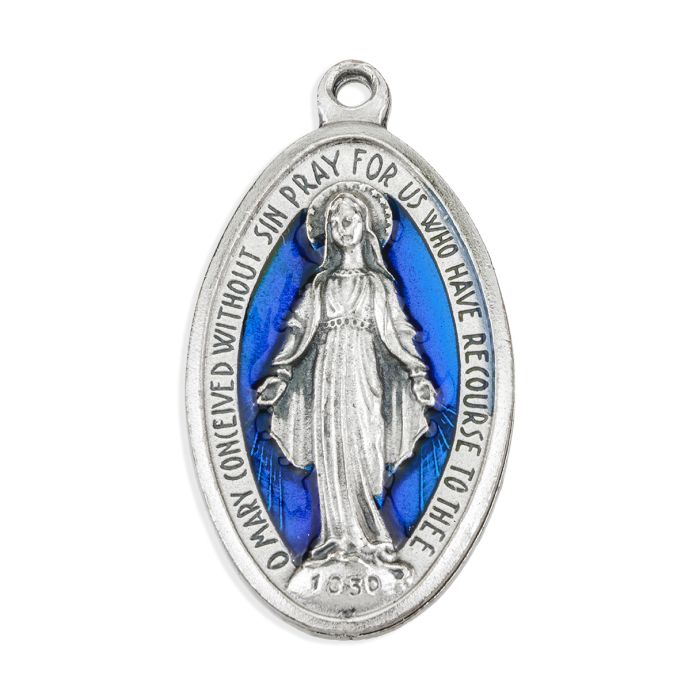 1 13/16" Oval Aluminum Silver Oxidized Miraculous Medal with Blue Epoxy – Made in Italy – Pack of 25