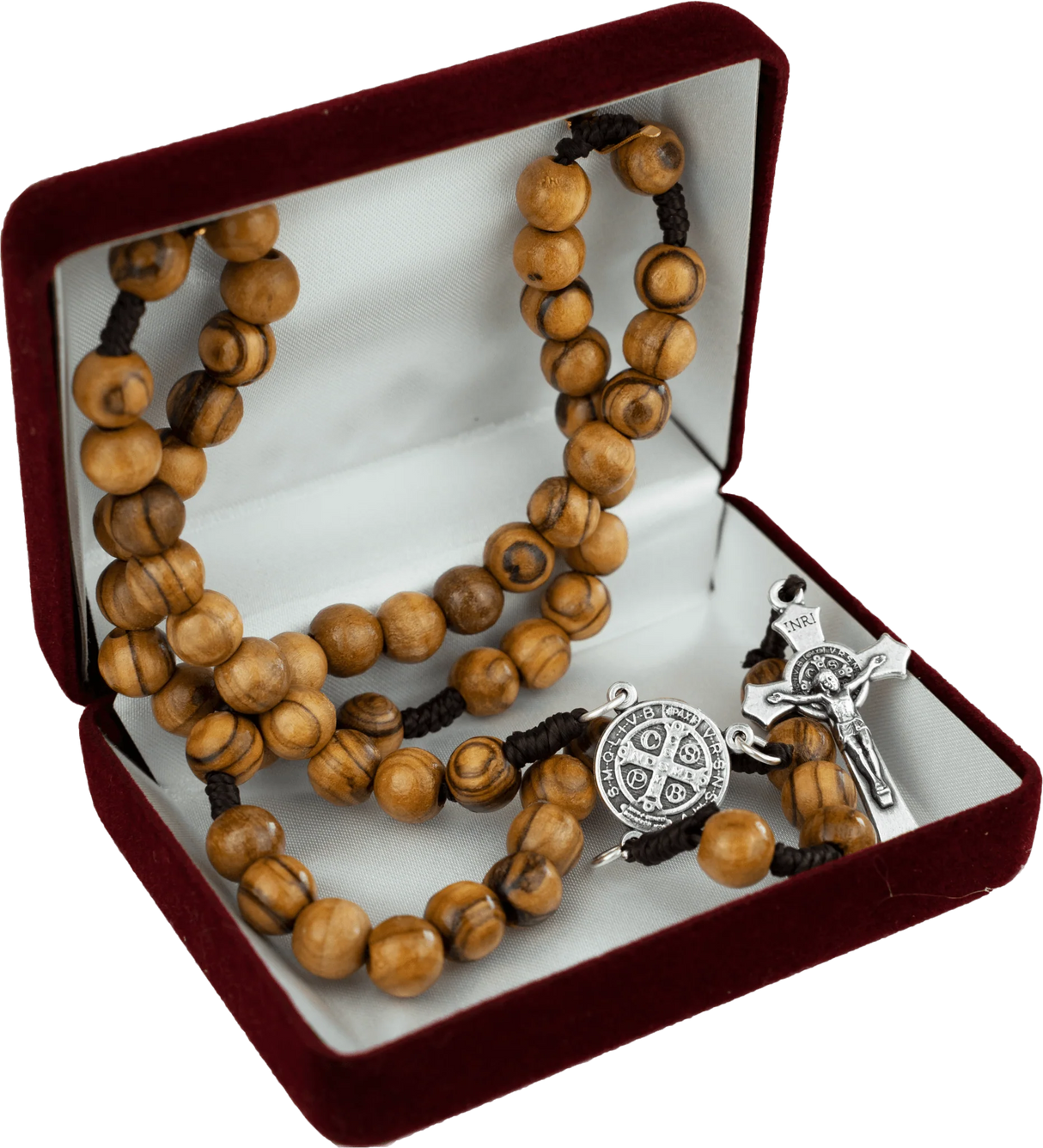 Olive Wood Rosary with St. Benedict Medal – Holy Land Jerusalem, Italian Crucifix