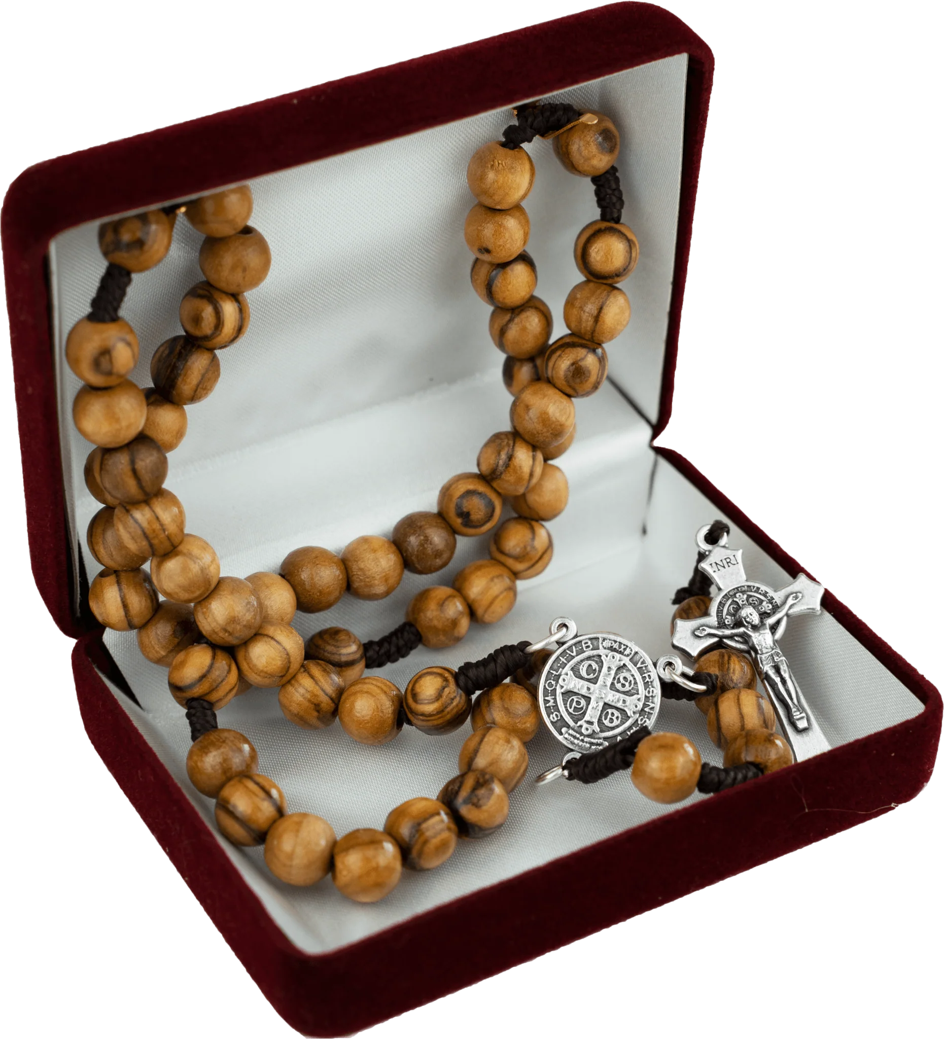 Olive Wood Rosary with St. Benedict Medal – Holy Land Jerusalem, Italian Crucifix