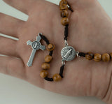 Olive Wood Rosary with St. Benedict Medal – Holy Land Jerusalem, Italian Crucifix