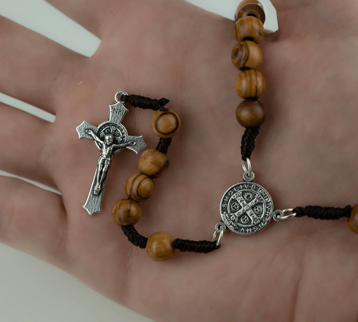 Olive Wood Rosary with St. Benedict Medal – Holy Land Jerusalem, Italian Crucifix
