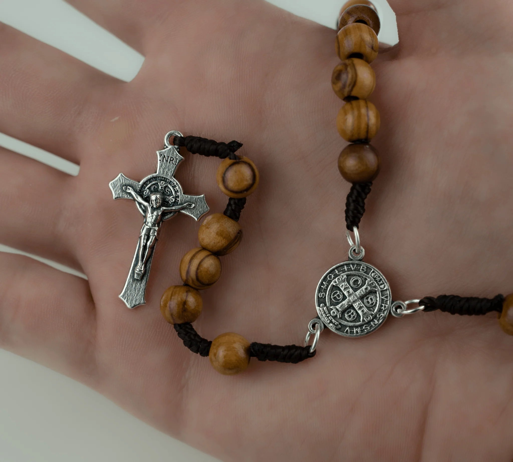 Olive Wood Rosary with St. Benedict Medal – Holy Land Jerusalem, Italian Crucifix