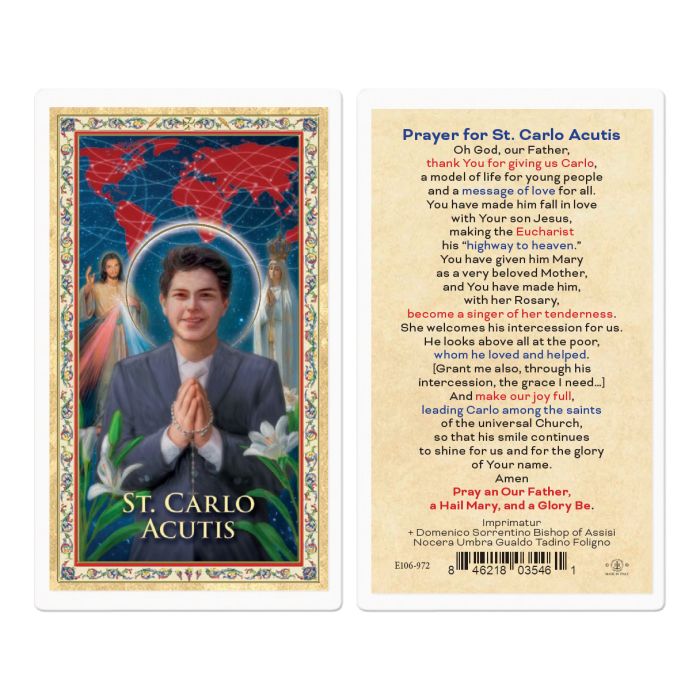 St. Carlo Acutis Gold Stamped Laminated Holy Card – Pack of 25