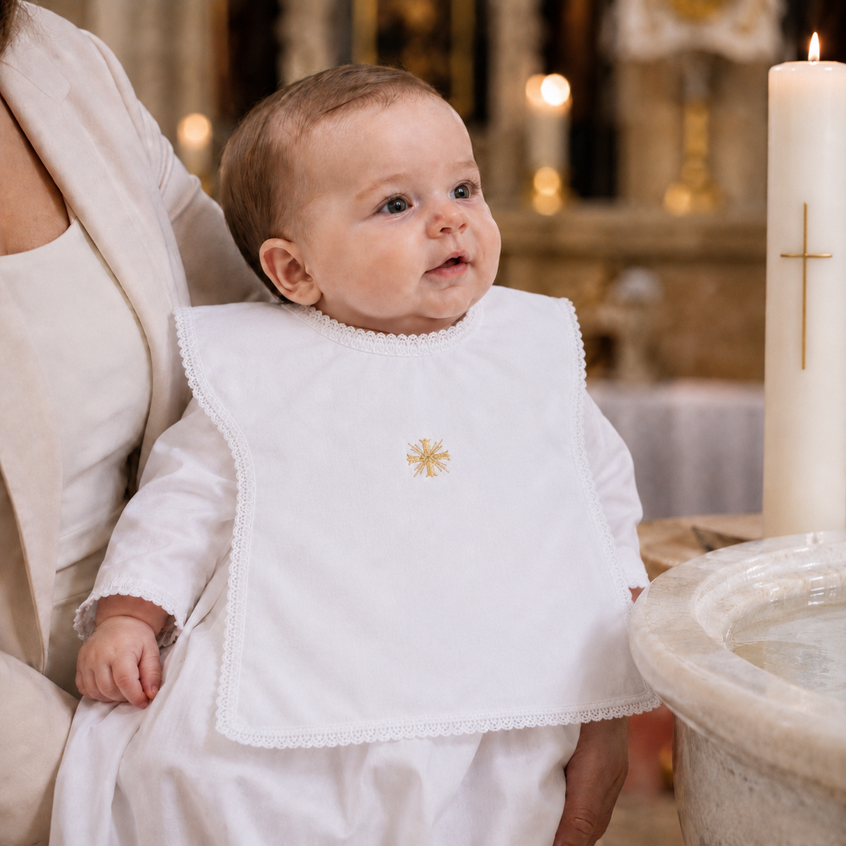 Baptism Bib with Gold Cross and Lace Trim
