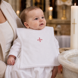 Baptism Bib with Red Cross and Lace Trim