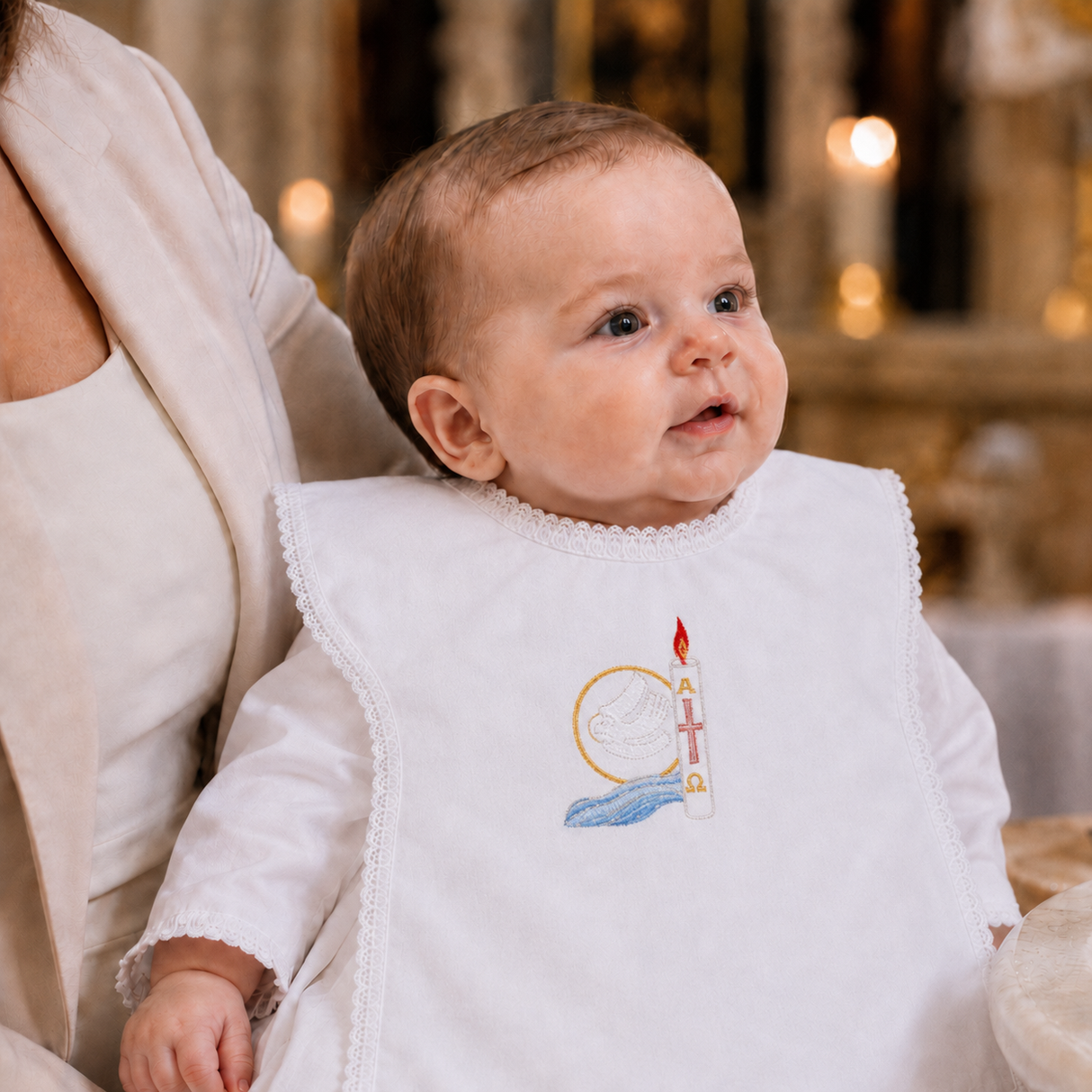 Baptism Bib with Embroidered Dove | Alpha Omega Candle | Water Motif