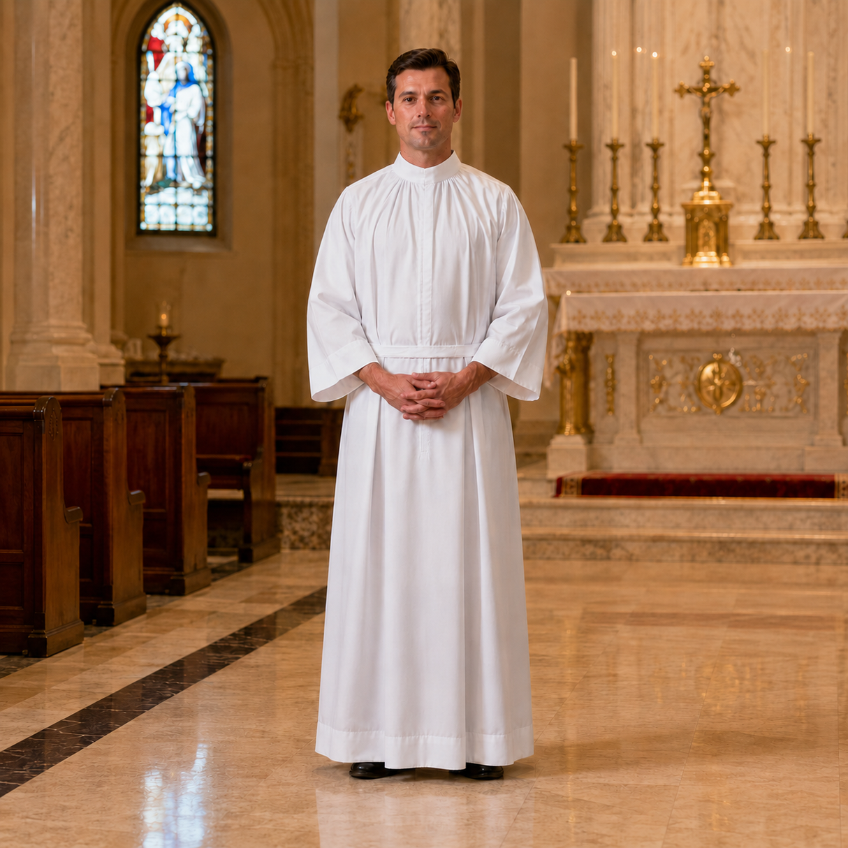 Clergy Fitted Alb with Zipper & Built-In Belt — Poly Cotton (Style 425)