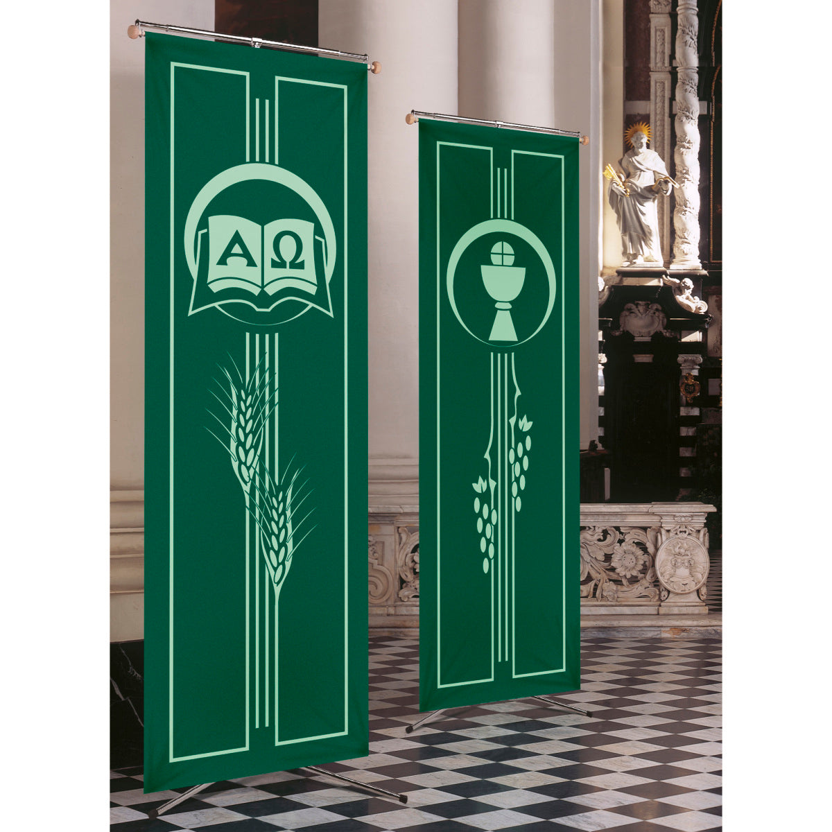 Green Church Banner with Alpha Omega and Wheat Motif