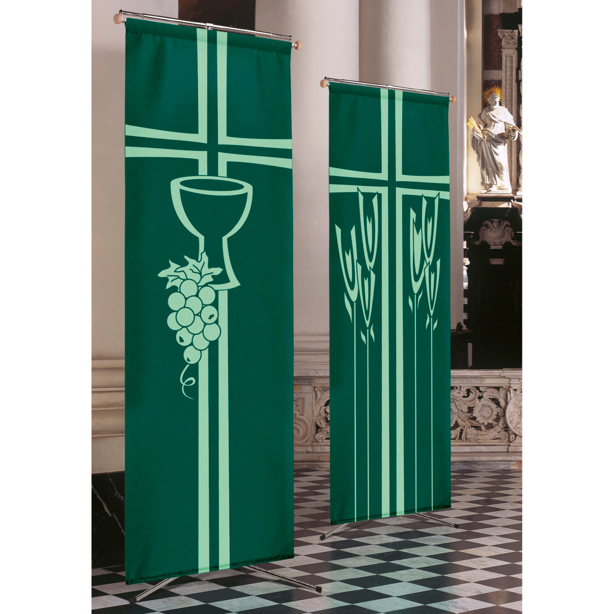 Green Church Banner with Cross and Wheat Motif