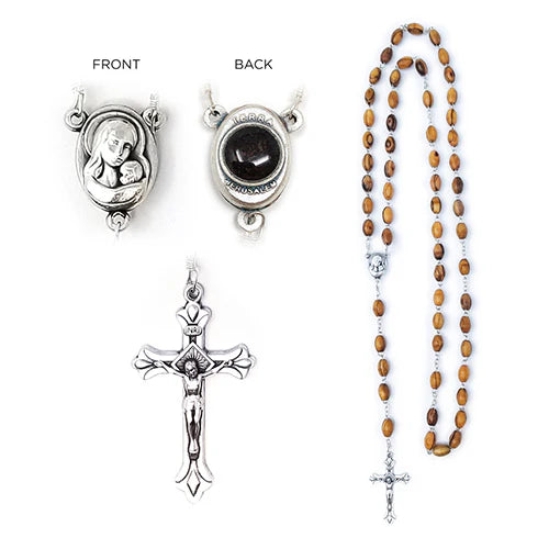 Olive Wood Rosary with Virgin Mary & Jesus Silver Medal – Genuine Jerusalem Soil