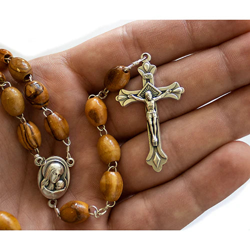 Olive Wood Rosary with Virgin Mary & Jesus Silver Medal – Genuine Jerusalem Soil