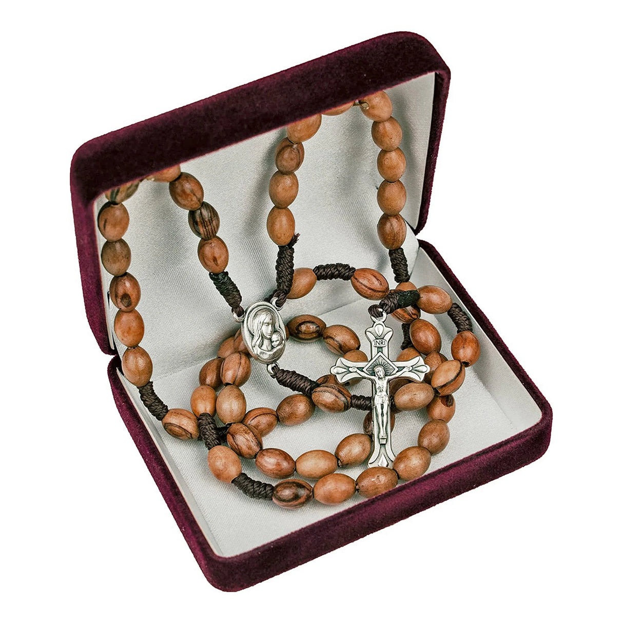 Olive Wood Rope Rosary with Virgin Mary & Baby Jesus Medal – Holy Land Jerusalem