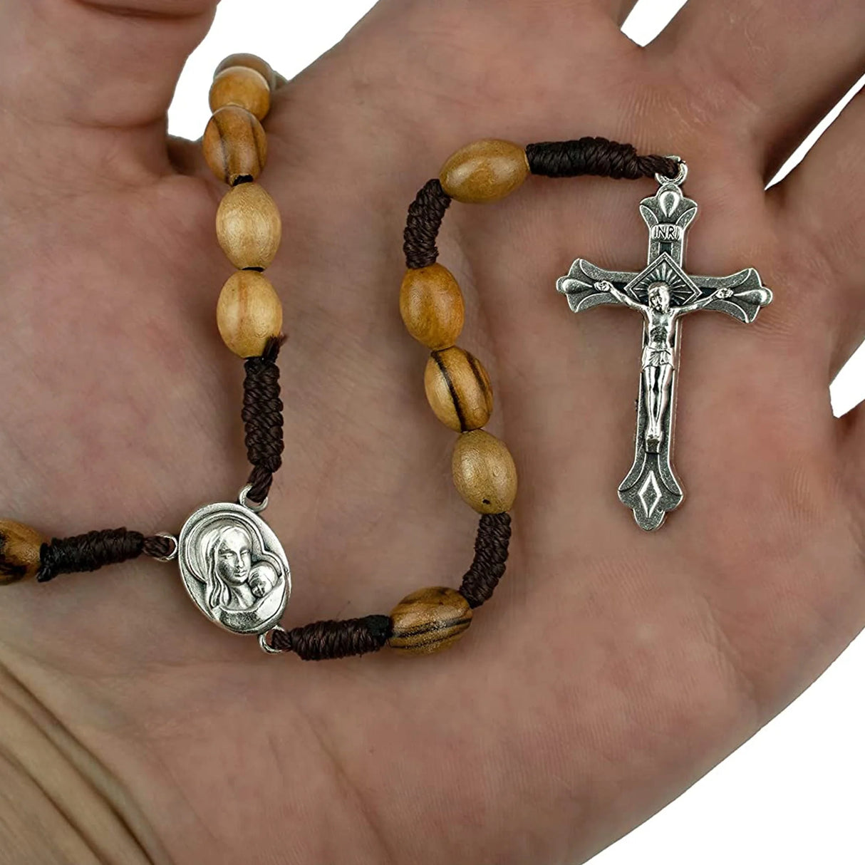 Olive Wood Rope Rosary with Virgin Mary & Baby Jesus Medal – Holy Land Jerusalem