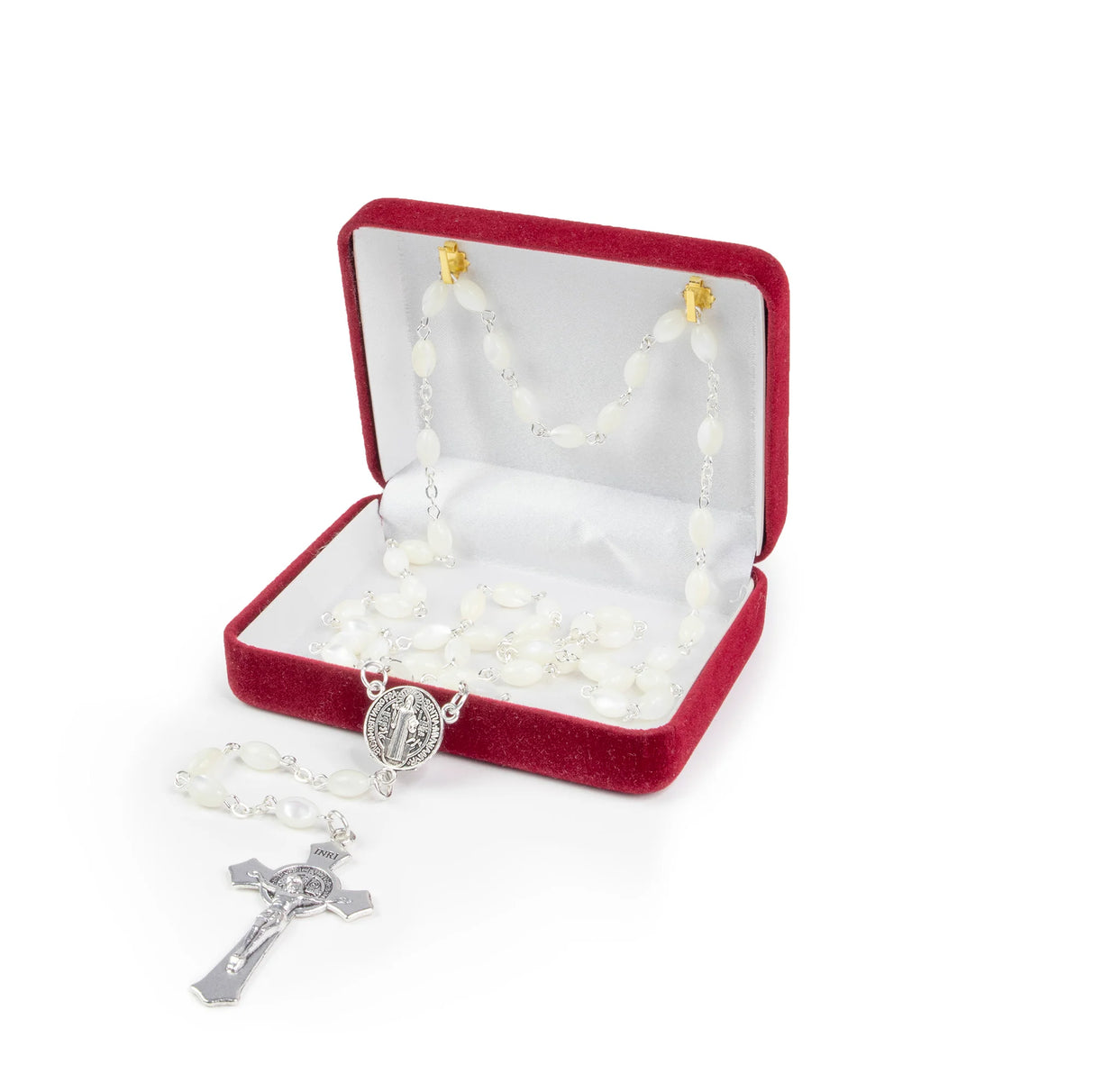 Mother of Pearl Rosary with St. Benedict Medal – Handcrafted in Bethlehem