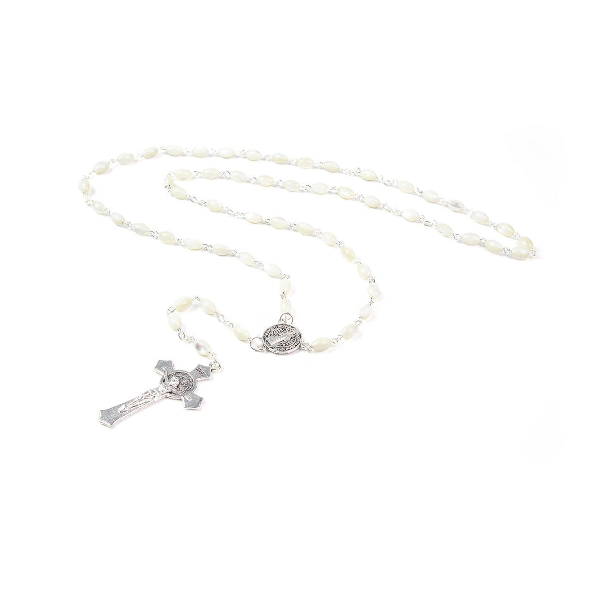 Mother of Pearl Rosary with St. Benedict Medal – Handcrafted in Bethlehem