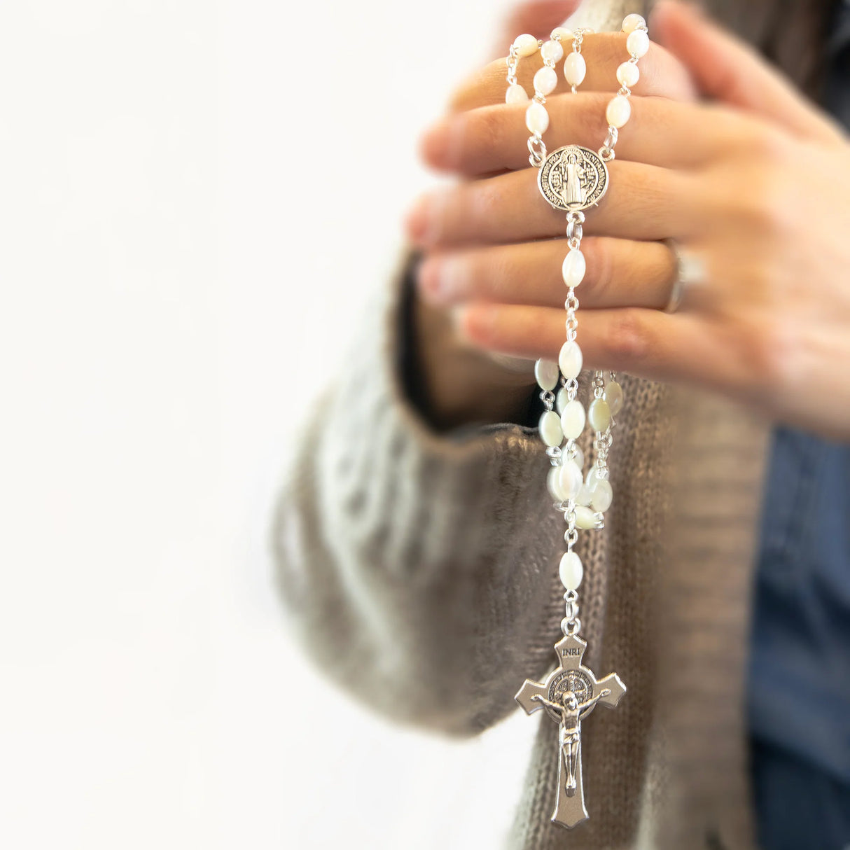 Mother of Pearl Rosary with St. Benedict Medal – Handcrafted in Bethlehem