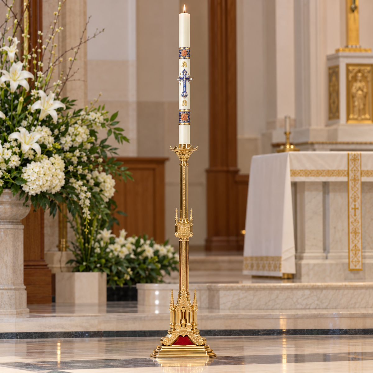 48" Gothic Paschal Candlestick – Polished Brass | Adrian Hamers H-61PAS