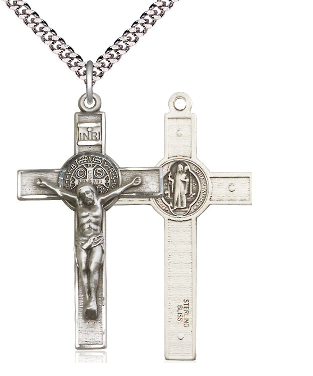 Sterling Silver St Benedict Crucifix Pendant on a 18 inch Sterling Silver Light Curb Chain