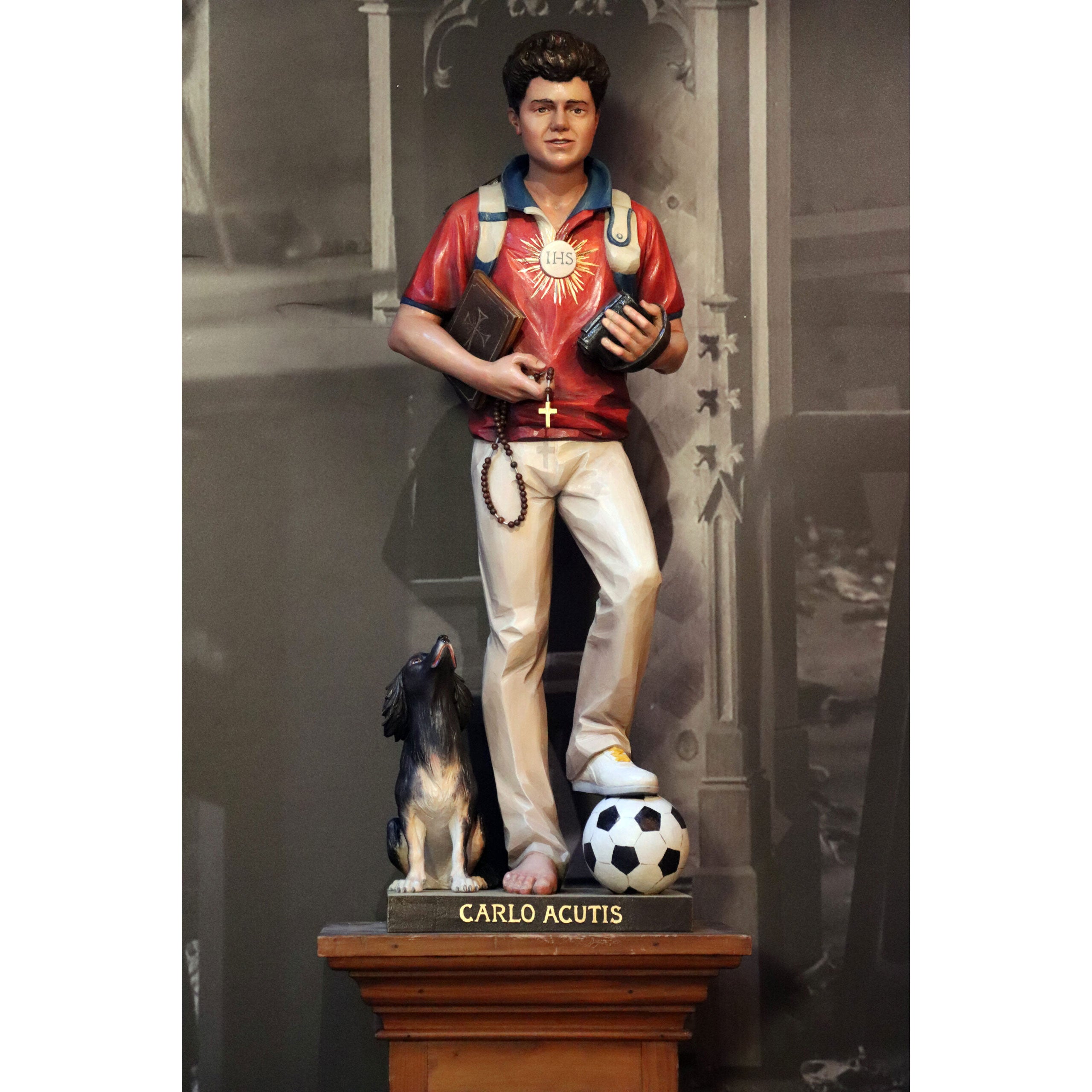 Wood Statue of Blessed Carlo Acutis, His Dog & Soccer Ball