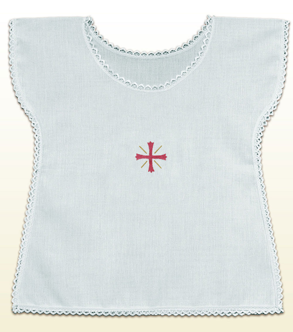 Baptism Bib with Red Cross and Lace Trim
